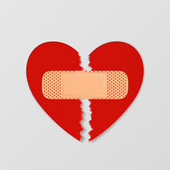 Vector Realistic Paper Textured Torn Heart with Medical Patch Closeup Isolated on White Background. Broken Heart, Divorce, Valentines Day, Relationship Concept. Paper Art
