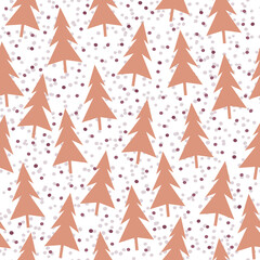 Christmas tree and falling snowflakes on white background. Pastel brown colors. Christmas, New Year pattern. Decorative print for wrapping paper, fabric, background, wallpaper, gift, invintation.