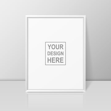 Vector 3d Realistic A4 White Wooden Simple Modern Frame on a Glossy White Shelf or Table with Reflection Against a White Wall. It can be used for presentations. Design Template for Mockup, Front View