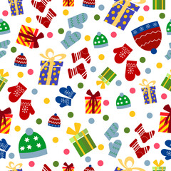 Pattern with gift boxes, hats, mittens and socks. Vector illustration on a white background. Bright illustration for packaging, holidays, textiles. 