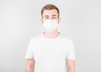 Man wearing hygienic mask to prevent infection, airborne respiratory illness such as flu, 2019-nCoV. indoor isolated on white background