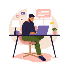 Home office concept, man working from home. Student or freelancer. Freelance or studying concept. Vector illustration. Flat style.