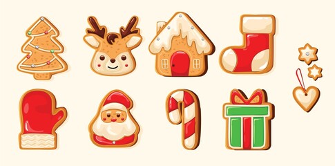 Set of cute gingerbread cookies for christmas. Christmas pastries. Biscuits. Isolated over white background. Vector illustration.