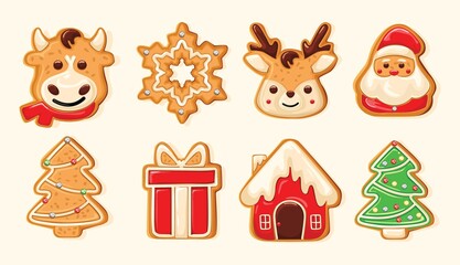 Set of cute gingerbread cookies for christmas. Christmas pastries. Biscuits. Isolated over white background. Vector illustration.