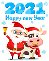 Santa claus with a bell in his hand hugs a bull. Merry christmas and happy new year 2021