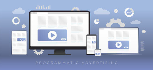Programmatic Advertising business concept on different digital gadgets. Online advertising media block on desktop, laptop, phone, smartwatch and tablet pc. Native cross targeting marketing ad strategy - obrazy, fototapety, plakaty