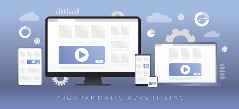 Programmatic Advertising business concept on different digital gadgets. Online advertising media block on desktop, laptop, phone, smartwatch and tablet pc. Native cross targeting marketing ad strategy