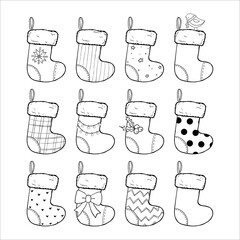 Christmas stockings set hand drawn vector illustration, black and white. Sock-shaped bags. Decorated winter socks, Saint Nicholas Day gifts