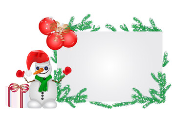 

Snowman and big signboard. Holiday greeting card with copy space. Merry christmas and new year banner with square shaped layout background with fir twigs, red balls and gift box. Vector illustration