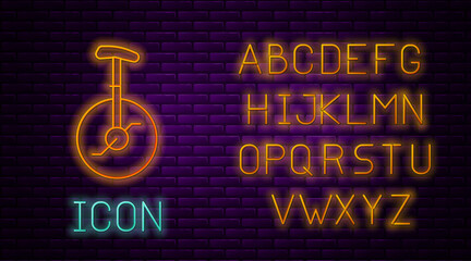 Glowing neon line Unicycle or one wheel bicycle icon isolated on brick wall background. Monowheel bicycle. Neon light alphabet. Vector. © vector_v
