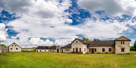 Beautiful castle with buildings on a sunny day in the town of Otrokov.