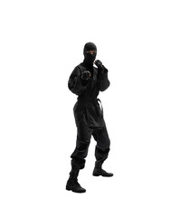 japanese ninja in black uniform on white background