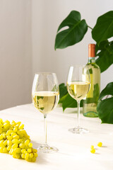 Two glasses with white wine and a bottle on a white wooden background, home flower Monstera