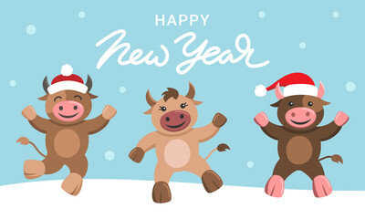 The year of the ox. Merry Christmas and happy new year 2021. Funny vector illustration.