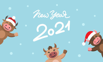 The year of the ox. Merry Christmas and happy new year 2021. Funny vector illustration...