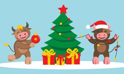 The year of the ox. Merry Christmas and happy new year 2021. Funny vector illustration...