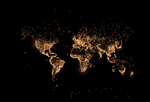 Earth night map. Vector illustration of cities lights from space. Dark globe map