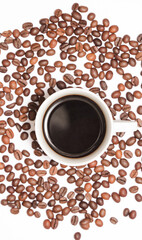 Coffee and coffee beans on white background.