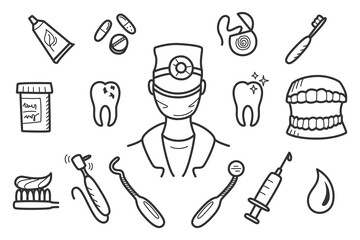 Vector doodle set of dentist theme