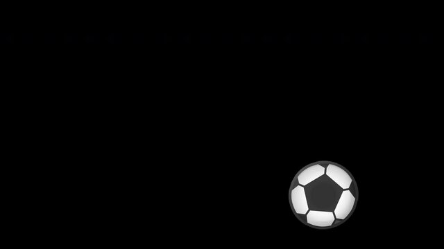 Classic, retro soccer ball bounces from left to right and rolls off. Black and white, pentagon, leather football ball falling jump, to the ground. Alpha, transparent background. 4K 60 fps 2D animation