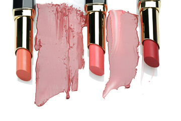 cosmetic lipstick, opened tubes with lipstick smears on a white background.