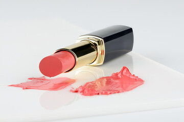 cosmetic lipstick, an opened tube with a smear of lipstick on a white background.