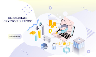 Modern flat design isometric background of blockchain and cryptocurrency for banner and website. Landing page template. Virtual cash transaction, cryptocurrency blockchain concept. Vector illustration