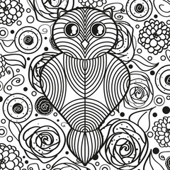 Fototapeta premium Square ornate pattern with outlined owl. Hand drawn ornate background. Black and white illustration