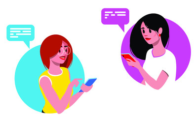 Two girls are texting on a mobile phone. Two beautiful women are texting each other. Two girlfriends are talking on a smartphone. Stock vector illustration