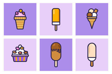 Illestration set flat ice creame. Different tastes and types. Purple decoration. © EniaKlever