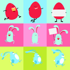 Set of vector easter eggs and rabbits character elements