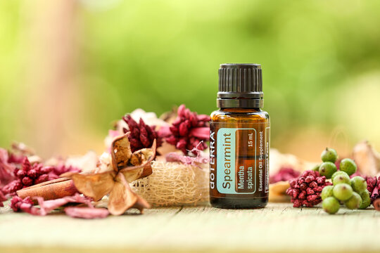 Mudgee, New South Wales / Australia - October 19 2020 - Illustrative editorial image of doterra essential oils in outdoor setting with natural bokeh background, spearmint