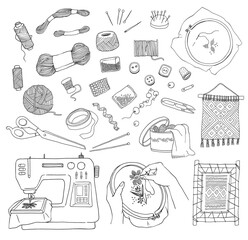 Embroidery and sewing icons set in line sketch vector illustration isolated.