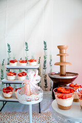 Dessert Table with Fondue and Strawberry Yogurt Cups