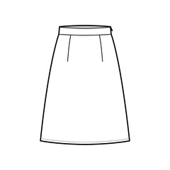 Skirt A-line fullness technical fashion illustration with knee length silhouette, thick waistband, side zipper. Flat bottom template front, white color style. Women, men, unisex CAD mockup