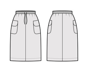 Skirt cargo technical fashion illustration with knee length, side pockets with flap, stretch drawstring waistband. Flat bottom template front, back, grey color style. Women, men, unisex CAD mockup