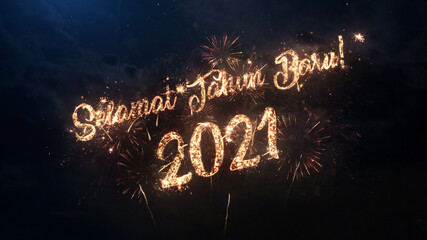 2021 Happy New Year greeting text in Indonesian with particles and sparks on black night sky with colored fireworks on background, beautiful typography magic design.