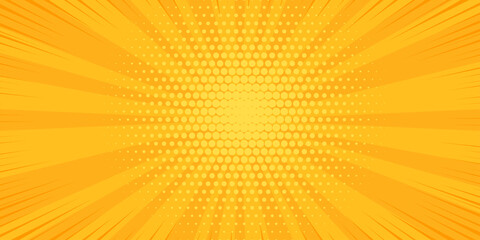 Obraz premium Pop art yellow comics book cartoon magazine cover. Cartoon funny retro pattern strip mock up. Vector halftone illustration. Vintage backdrop for comic superhero text, speech bubble, message.