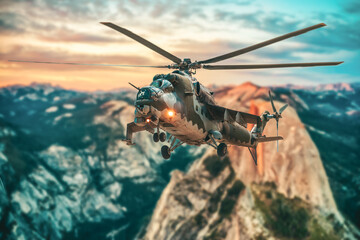 Russian attack helicpter flies over a beautiful landscape