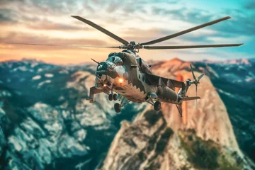 Poster Russian attack helicpter flies over a beautiful landscape © filmbildfabrik
