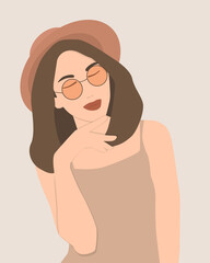 Beautiful young smiling brunette girl in trend colors, in a wide summer hat and round sunglasses posing, flat illustration
