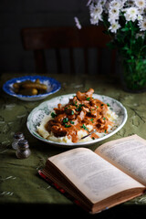Beef Stroganoff with mushroom in iron pan
