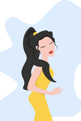 Young beautiful Asian girl with long dark hair and full red lips in a yellow dress posing