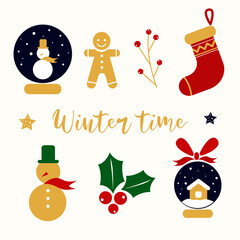 Christmas and New Year decorative elements, icons. Snowball, globe, winterberries, sock, gingerbread, snowman, house, bow, snow. Can be used for greeting card, web, decoration, stickers