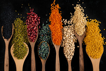Large variety of dry beans with top view. Dried legumes in the wooden spoons. 