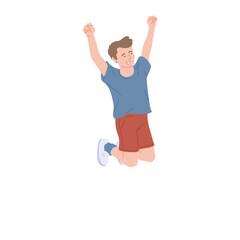 Cheerful happy child jumps raising hands, flat vector illustration isolated.