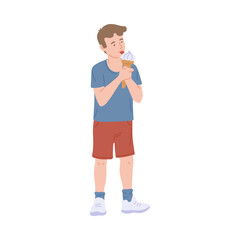 Happy child standing and eating ice-cream, flat vector illustration isolated.