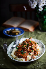 Beef Stroganoff with mushroom in iron pan