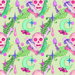 Witchcraft pink skull seamless pattern. Pastel magic background. Halloween, skull, moth, mushroom, moon, fern. Texture, fabric, paper, wallpaper