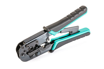 Modular crimper for RJ-45 and RJ-11 isolated on white background. internet or telephone line cables...